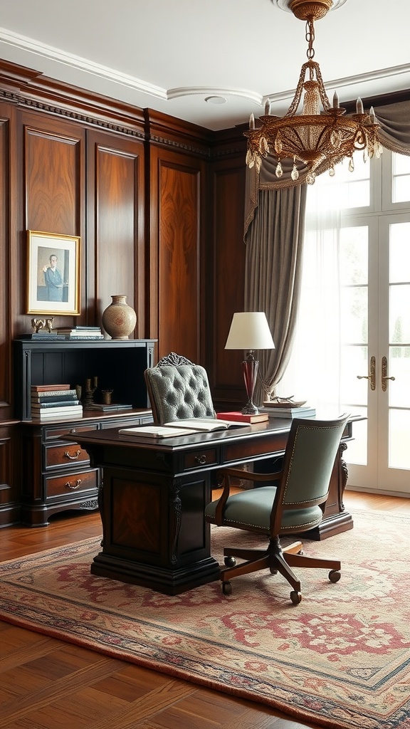 A sophisticated home office with dark wood paneling, a classic desk, and elegant décor.