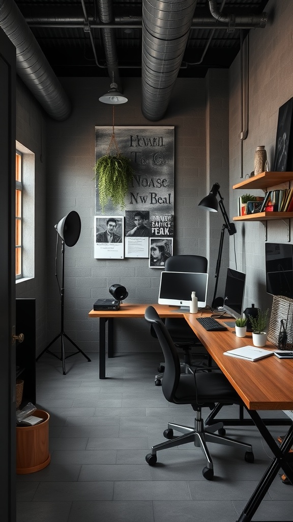 An industrial office space with soundproof areas designed for focus, featuring desks and modern decor.