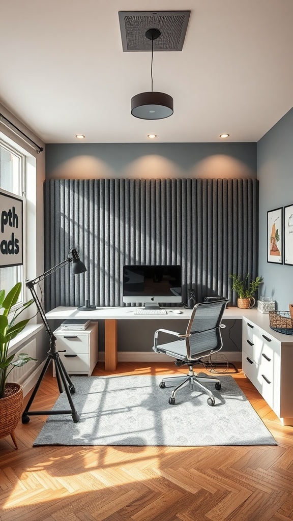 A modern small office cabin with soundproof wall panels, stylish desk, ergonomic chair, and plants.