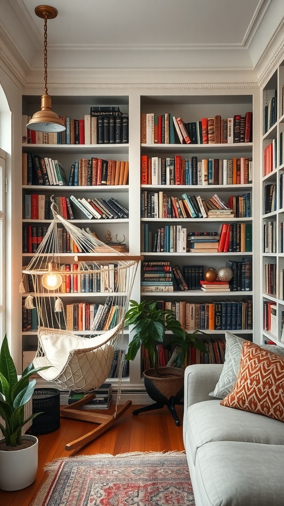 Cozy home library with bookshelves, a hammock chair, and plants.