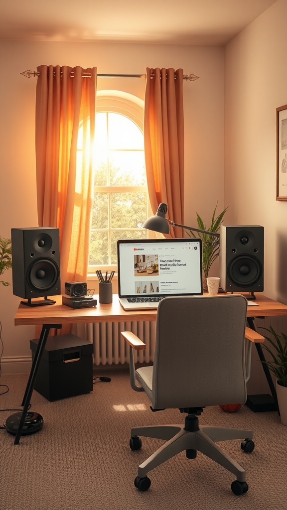 A cozy home office setup with a desk, computer, and speakers, illuminated by natural light.