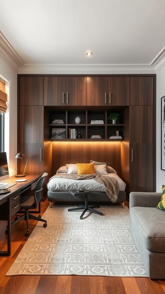 A cozy home office featuring a murphy bed integrated with wood cabinetry, showcasing a comfortable bedding setup.