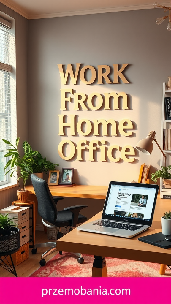 A modern home office setup with a desk, chair, computer, and plants.