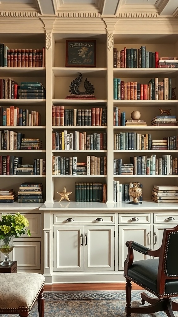 A stylish home office featuring a sophisticated bookshelf filled with various books and decorative items, a wooden desk, and a comfortable chair.