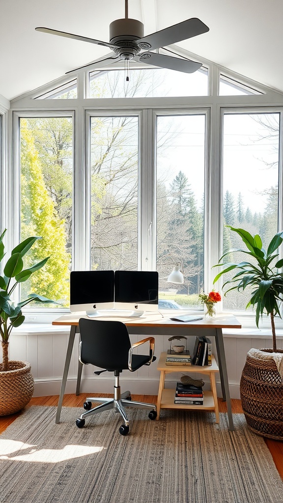 Stylish home office desk in a sunroom with large windows and plants