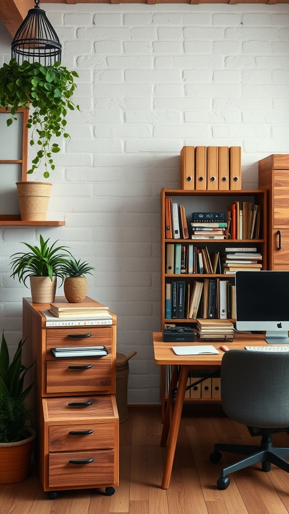 A cozy rustic office setup with wooden furniture, plants, and bookshelves.