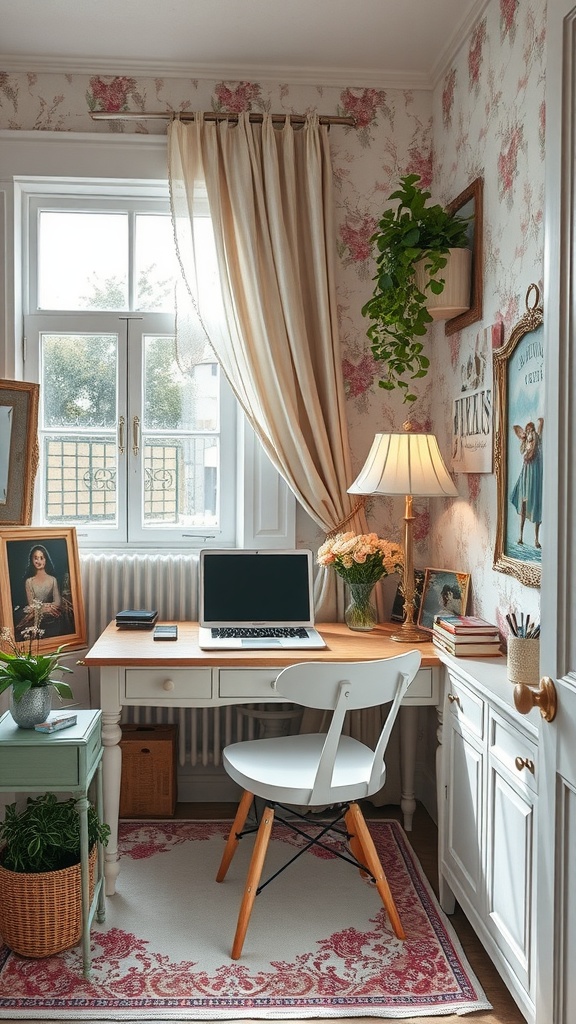 A cozy shabby chic office with floral wallpaper, a wooden desk, and stylish organization.