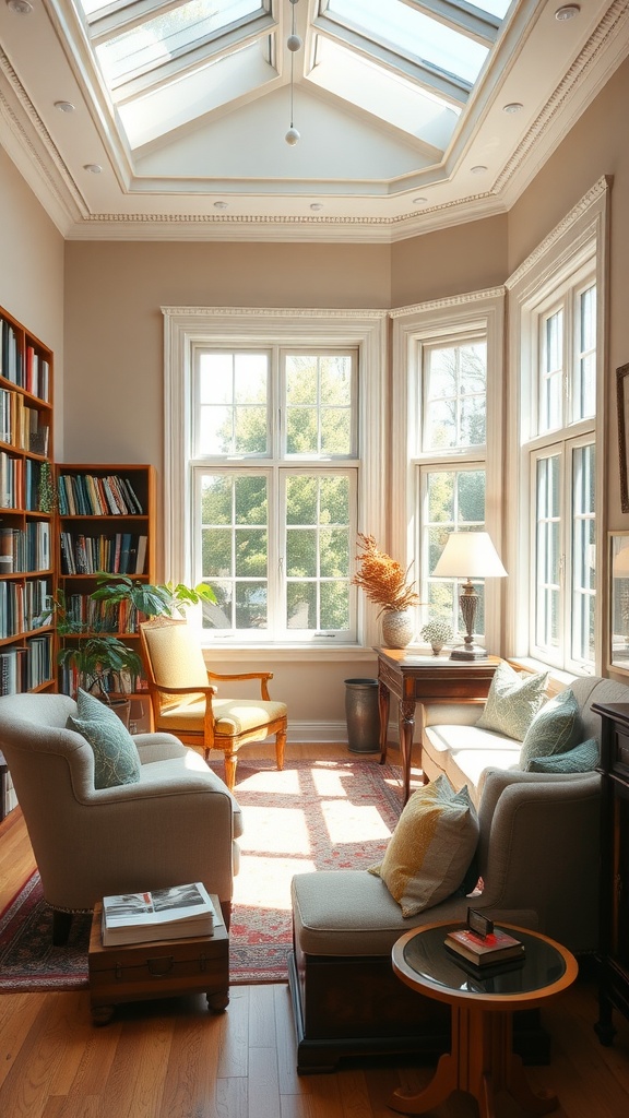 A bright sunroom with a cozy reading area featuring bookshelves, comfortable seating, and large windows.