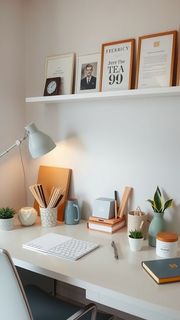 A well-organized home office setup featuring a laptop, plant, and stylish office supplies.