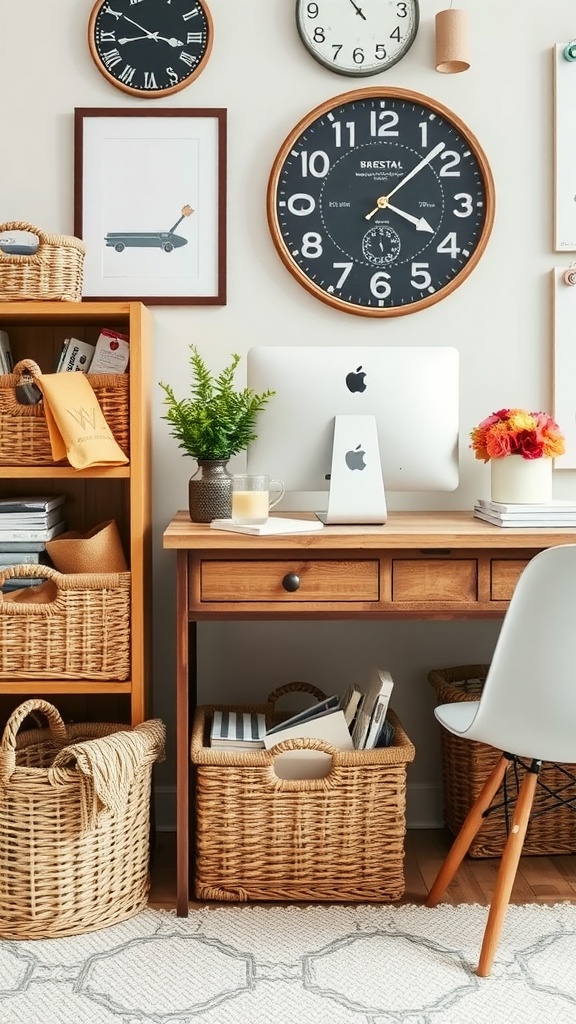 A cozy home office featuring stylish storage baskets for a rustic look.