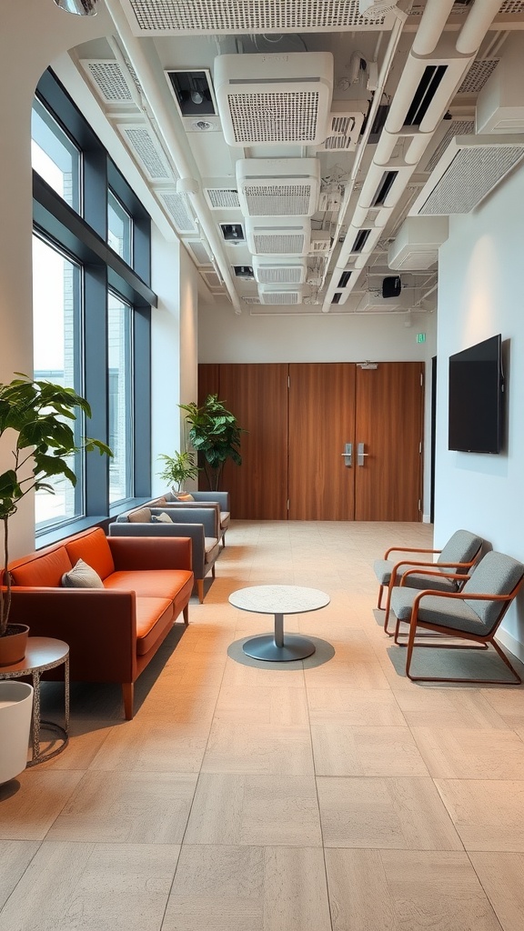 A modern office waiting area with orange couch, gray chairs, and large windows