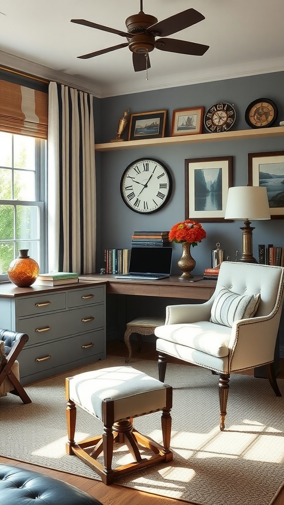 A stylish home office featuring a desk and two chairs with natural light and plants.