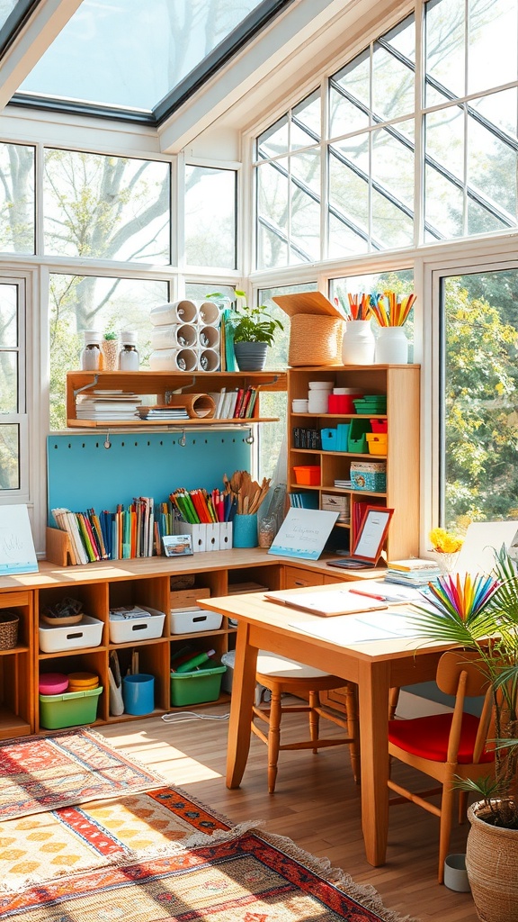 A bright and colorful crafting space in a sunroom with wooden furniture, vibrant decor, and organized shelving