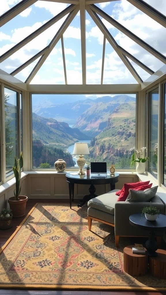 A bright sunroom office with large windows showcasing a mountain view.