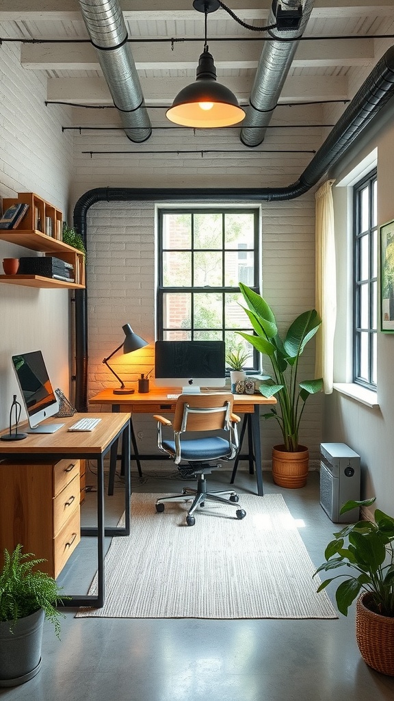 Modern industrial office space with large windows, wooden desks, and plants