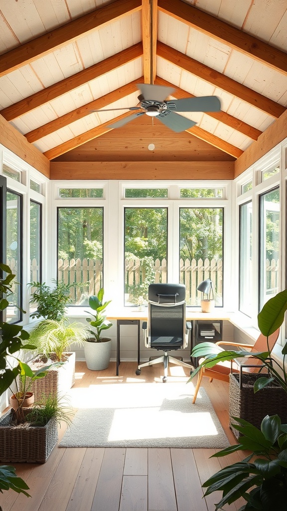 A bright sunroom office with large windows, plants, and modern furniture.