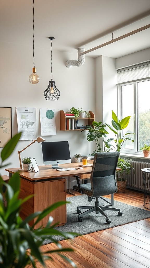 A modern office interior featuring wooden furniture, plants, and natural lighting