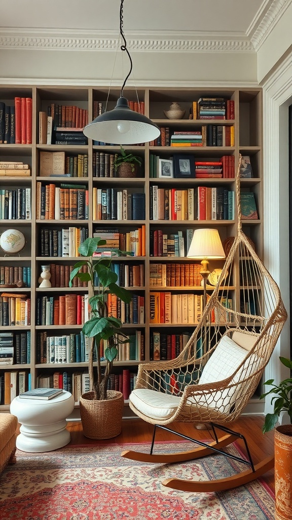 A cozy home library with a vintage aesthetic, featuring a rocking chair, bookshelves filled with books, and decorative plants.