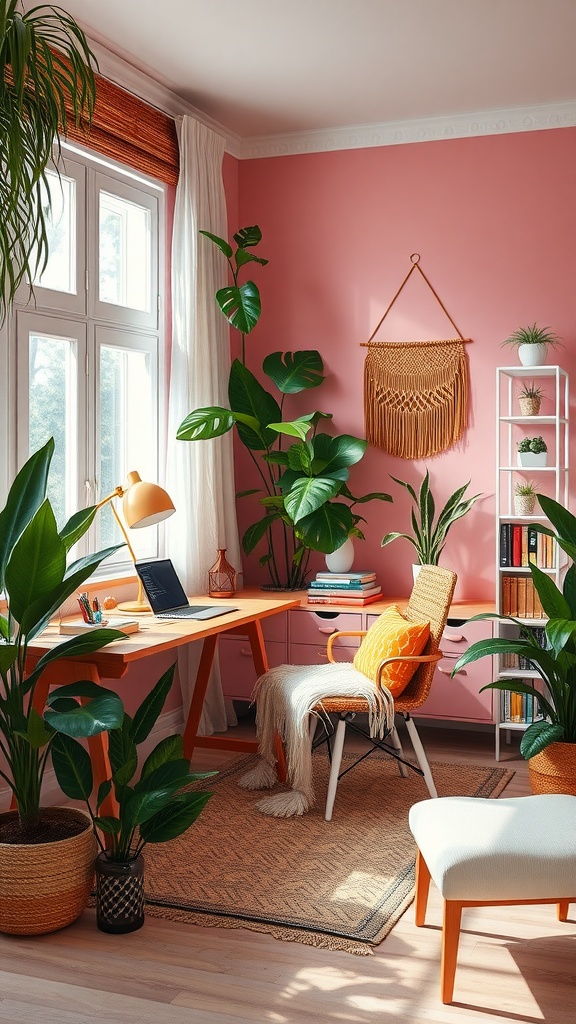 A modern boho office with a wooden desk, plants, and earthy decor