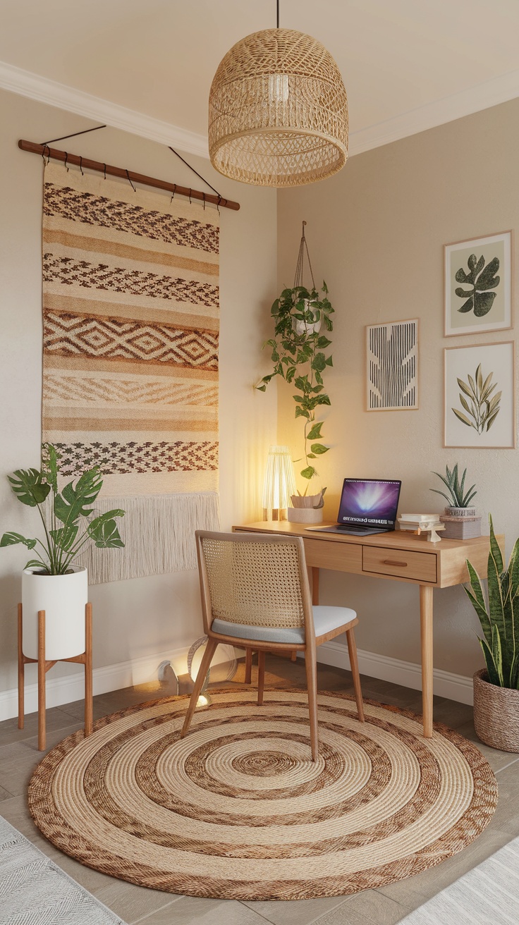 A cozy bohemian office space featuring a round sisal rug, plant decorations, and a wooden desk.