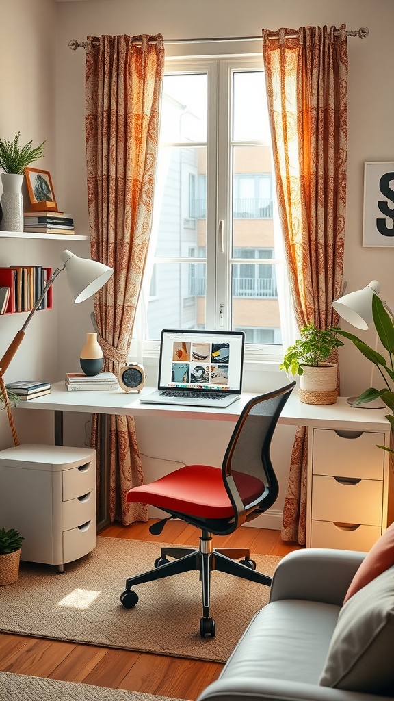 A cozy home office setup with a large desk, red chair, and organized shelves, featuring natural light and plants.