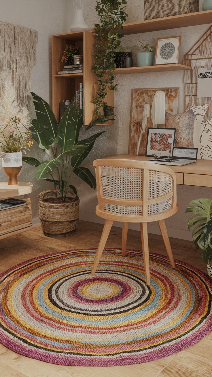 A colorful circular cotton rug under a wooden desk in a cozy home office setting.