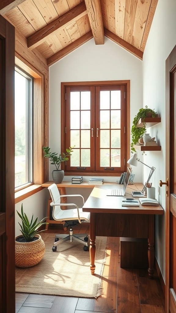 A cozy rustic home office with warm textured fabrics and natural light.