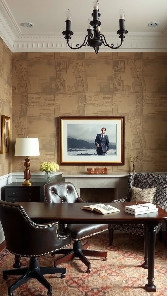 A modern home office with a textured gray wall, a white desk, and a stylish chair.