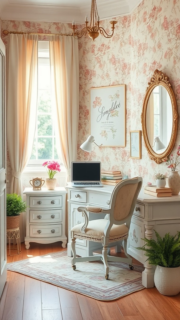 Cozy shabby chic office with floral wallpaper, a vintage desk, stylish curtains, and decorative plants.