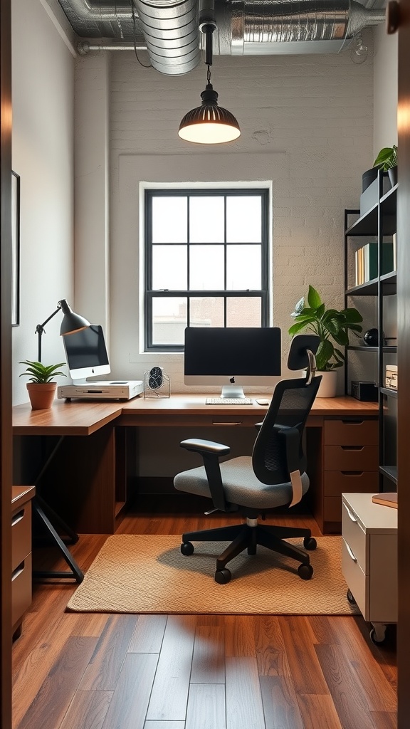 A spacious modern industrial office with ergonomic desks and chairs, large windows, and plants.