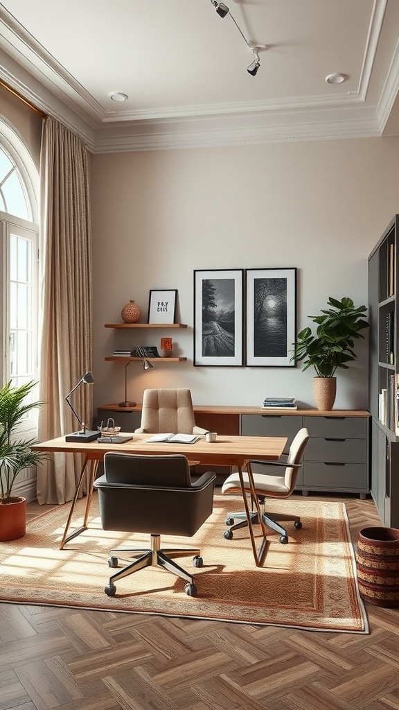 A modern office interior featuring a wooden desk, comfortable chairs, wall art, and plants.