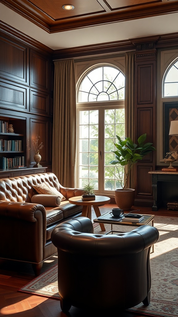 A luxurious home office featuring rich wooden paneling and elegant leather furniture.