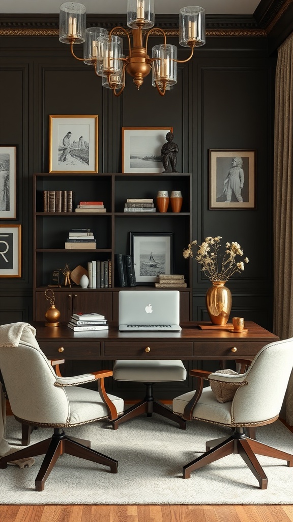 A sophisticated home office featuring a wooden desk, elegant chairs, and stylish decor, embodying classic gentleman aesthetics.