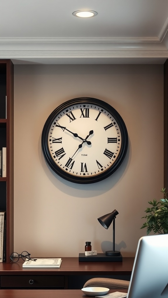 A classic round wall clock with Roman numerals in a stylish home office setting.