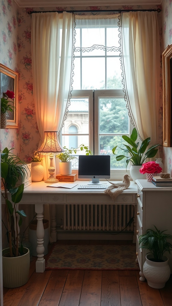 A cozy shabby chic office nook featuring a white desk, lace curtains, potted plants, and warm lighting.