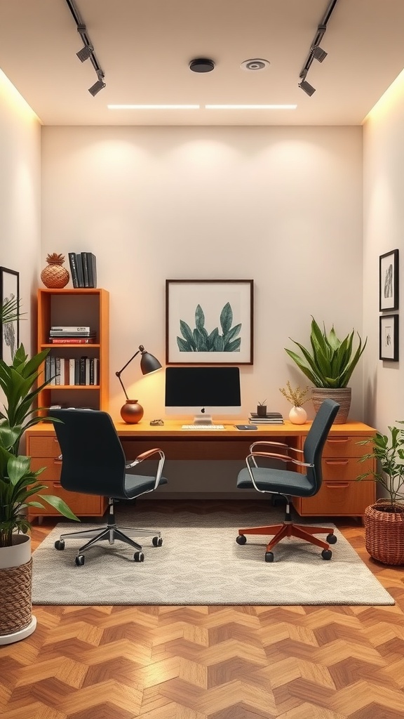 A modern office interior featuring a desk, two chairs, plants, and wall art.