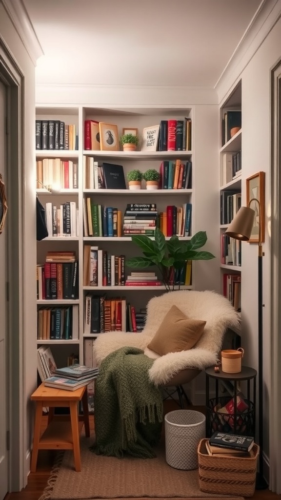 Cozy reading nook with bookshelves, chair, and decorative elements