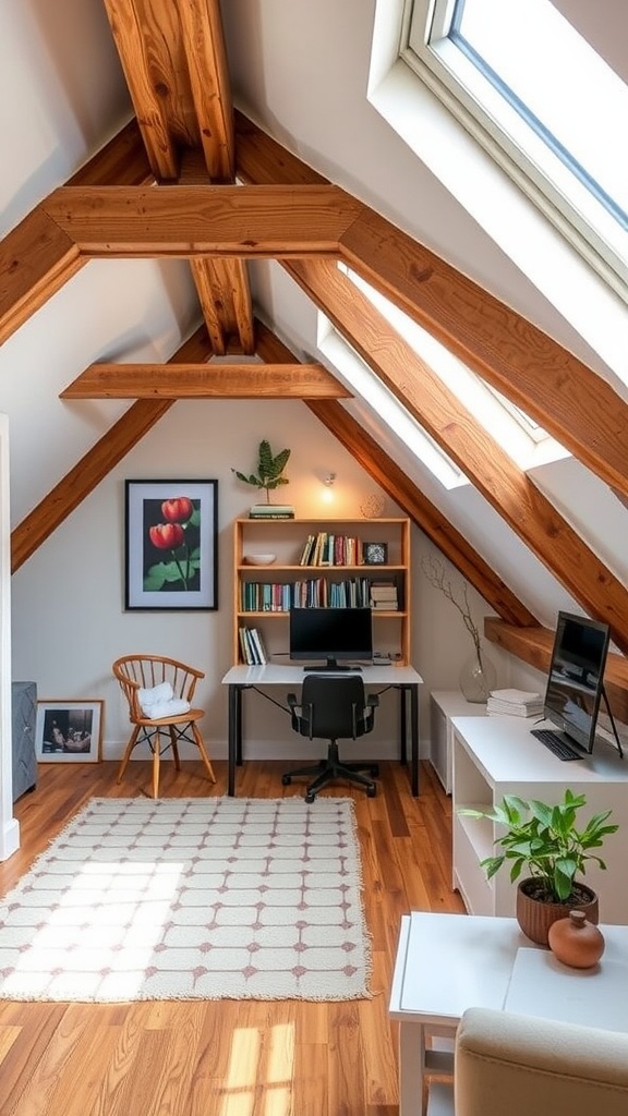 An attic transformed into a cozy office space with natural light, wooden beams, and modern furnishings.