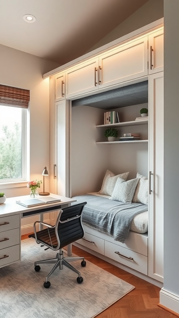 A cozy home office with a Murphy bed and wooden cabinets