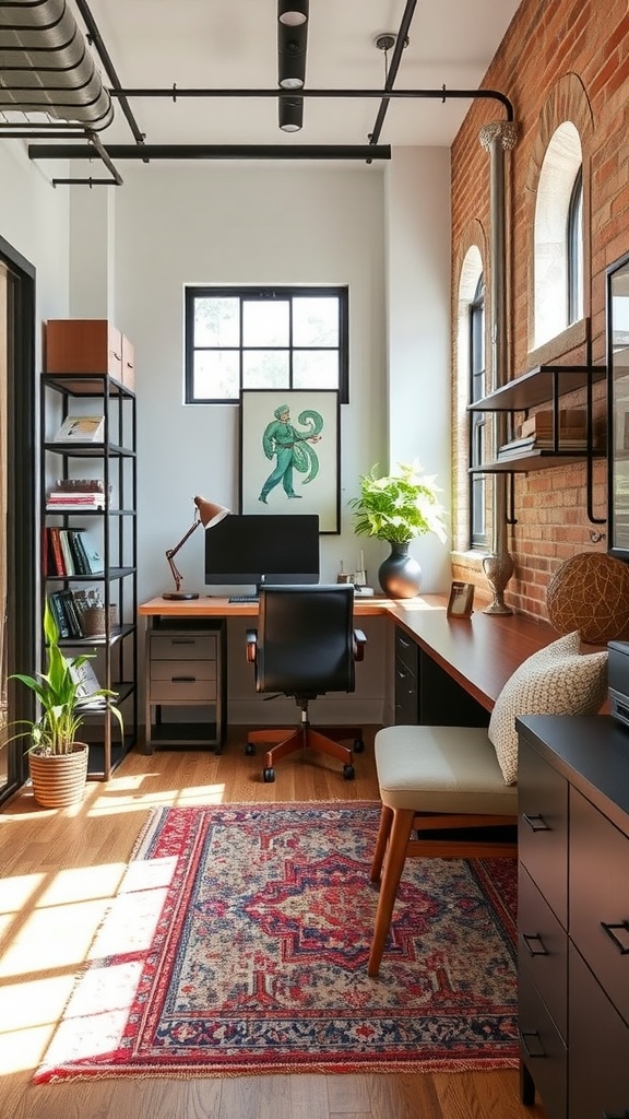 Long corridor in a modern industrial office with workspaces on each side.