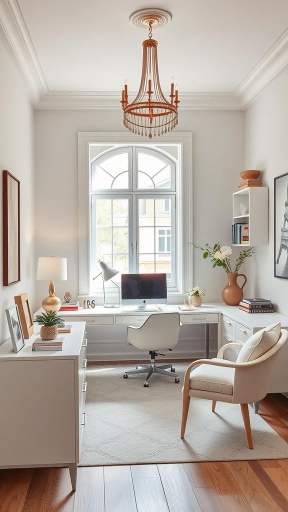 A cozy office space featuring a minimalistic desk setup with black chairs, natural lighting, and decorative elements for a stylish aesthetic.