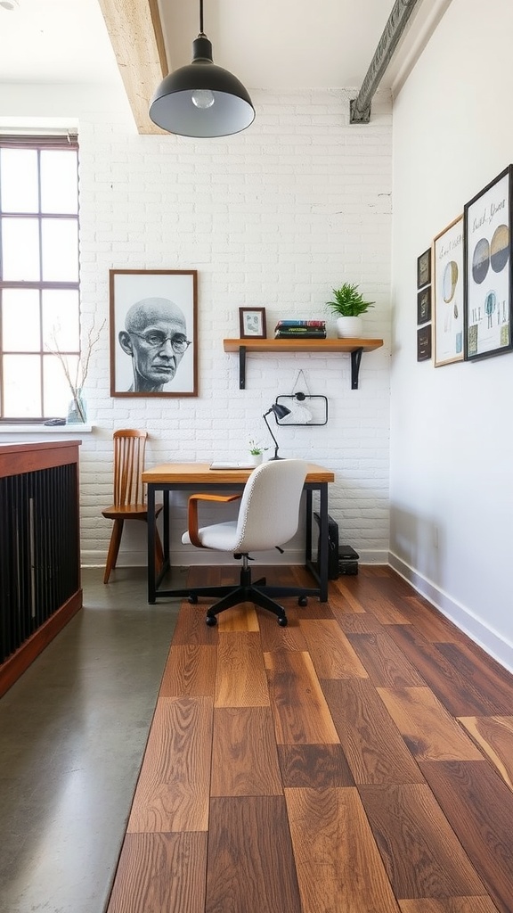 An industrial office space with a mix of light wood and textured flooring, showcasing a modern design.