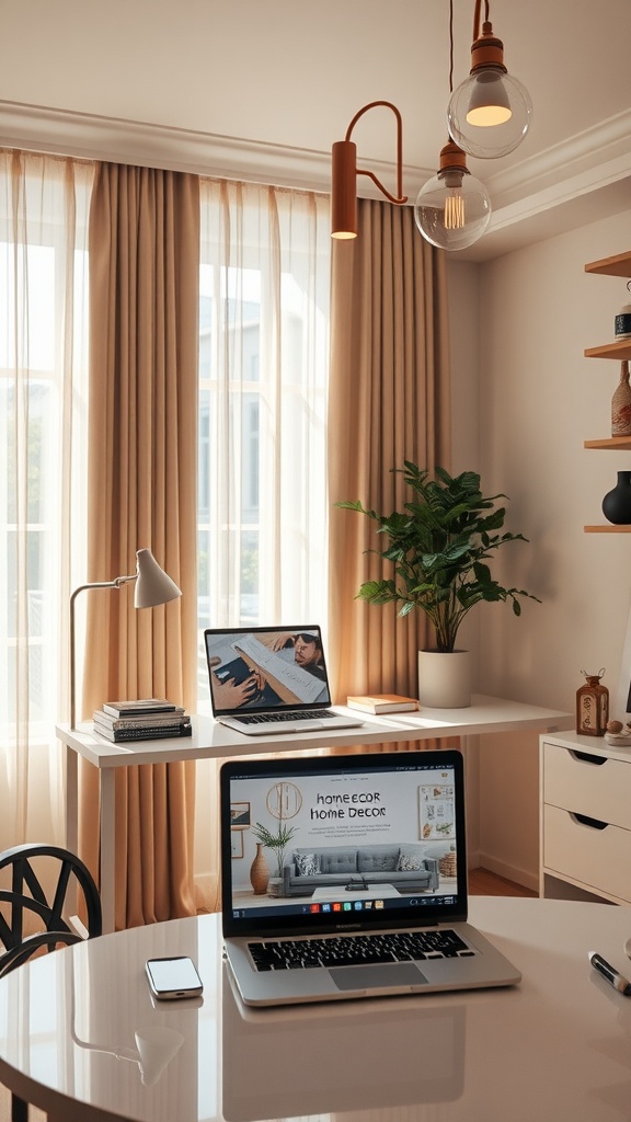 A cozy office setup featuring stylish lighting, a laptop, and a well-organized desk with plants.