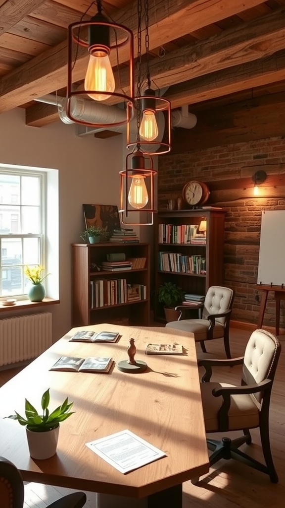 A rustic home office featuring unique lighting solutions with hanging light fixtures and a warm wooden desk.