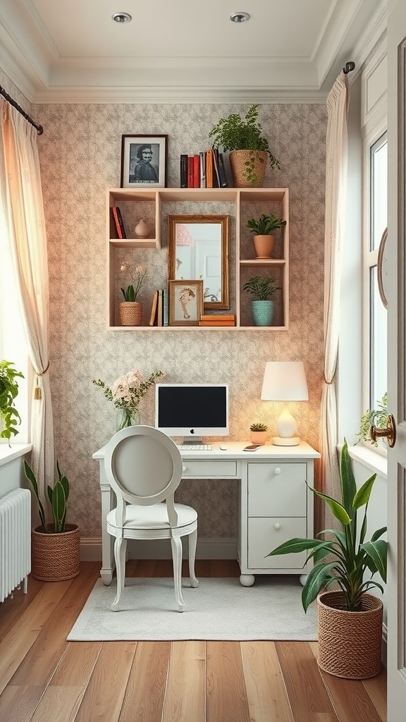 A cozy home office with a unique wall shelving unit filled with books and plants, complemented by vintage wallpaper and soft curtains.