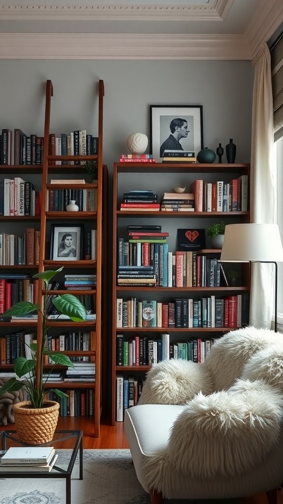 Cozy library with a gallery ladder and bookshelves