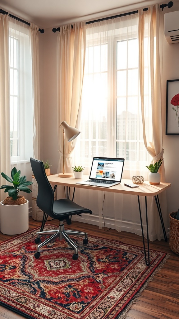 A cozy home office with a wooden desk, ergonomic chair, and a vibrant area rug, featuring plants and natural light.