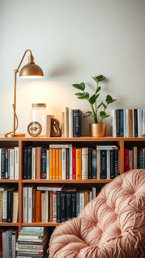 Cozy home library with clear jars as bookends on a bookshelf