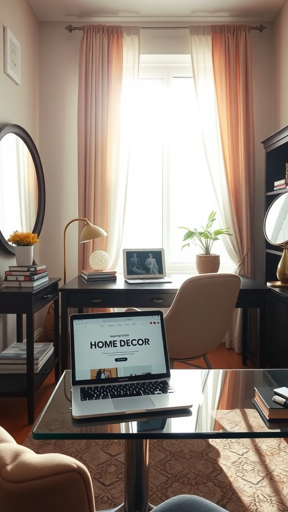 A cozy home office with a round mirror, a laptop on the desk, and a warm atmosphere created by natural light.