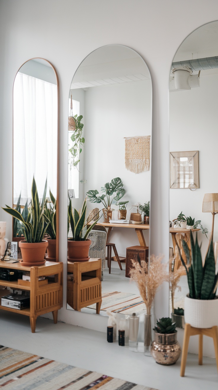 A modern boho office with a large mirror, pink walls, and plenty of plants.